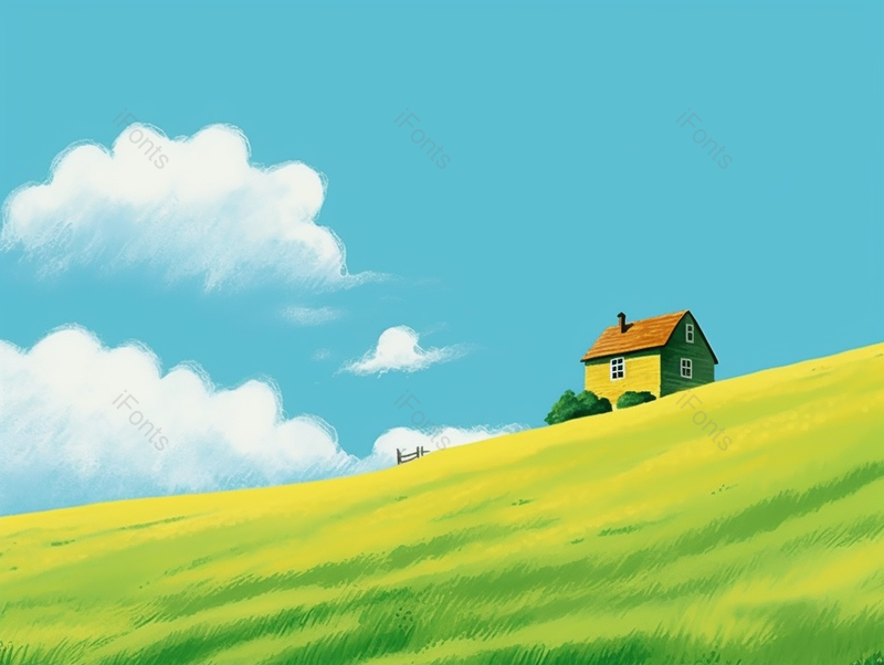 蓝天白云下的绿草地和小房屋手绘背景,插画/手绘图,插画/手绘图库,插画/手绘图下载,插画/手绘